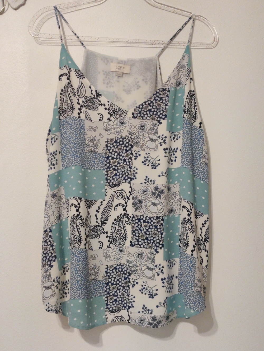 LOFT Patchwork Print Spaghetti-Strap Cami in Aqua, Navy & White